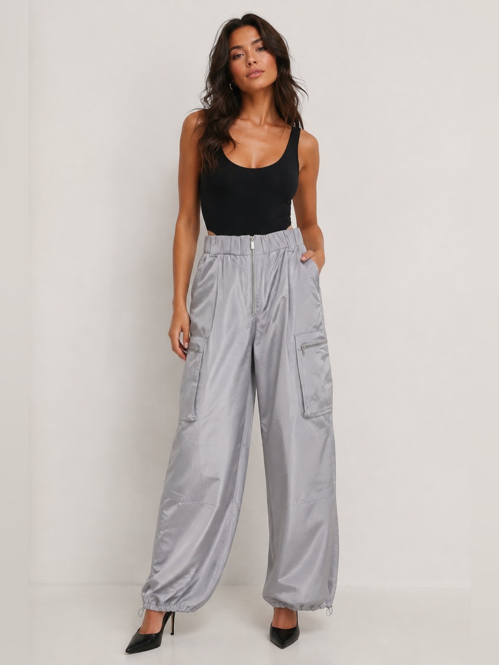 Zara Gray Satin Cargo Parachute Pants Wide Leg Size S - Picture 1 of 14